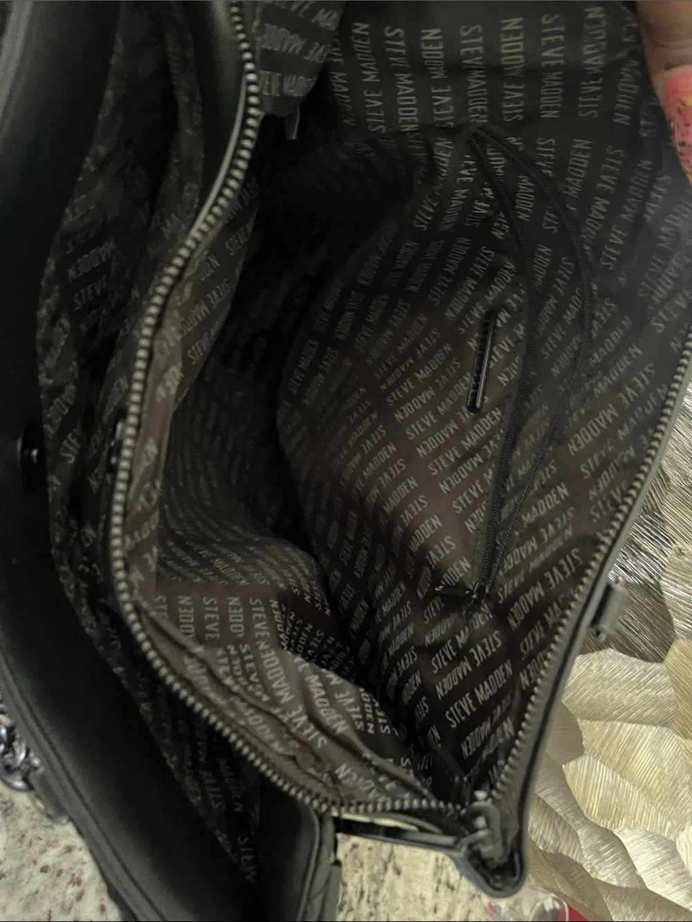 Steve Madden Black Woven Shoulder Bag with Ruched Chain Strap
